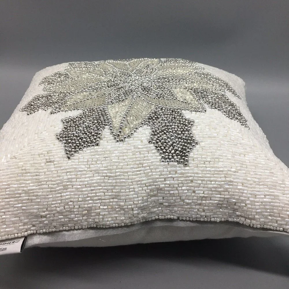 x2 Glitz & Glimmer Christmas Beaded Silver Poinsettia Throw Pillow Set Decor 14